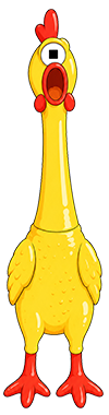 Yellow rubber chicken with one blue eye